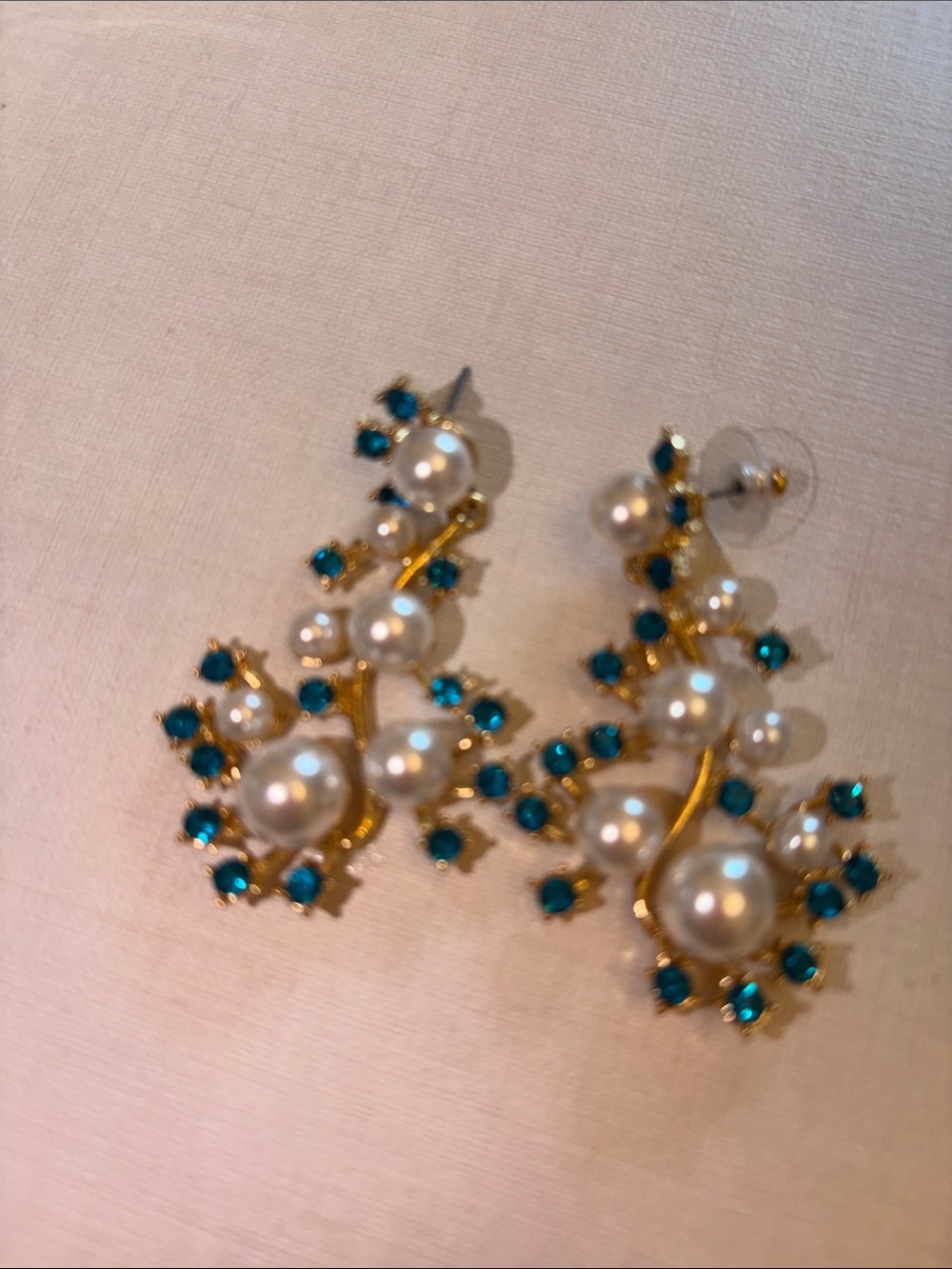 Oscar de la Renta Gold-Tone Pearl Drop Earrings with Teal Crystals